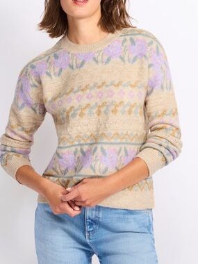 NWT- RD Style Beige Knit Crewneck Sweater with Lavender and Sage Floral Pattern